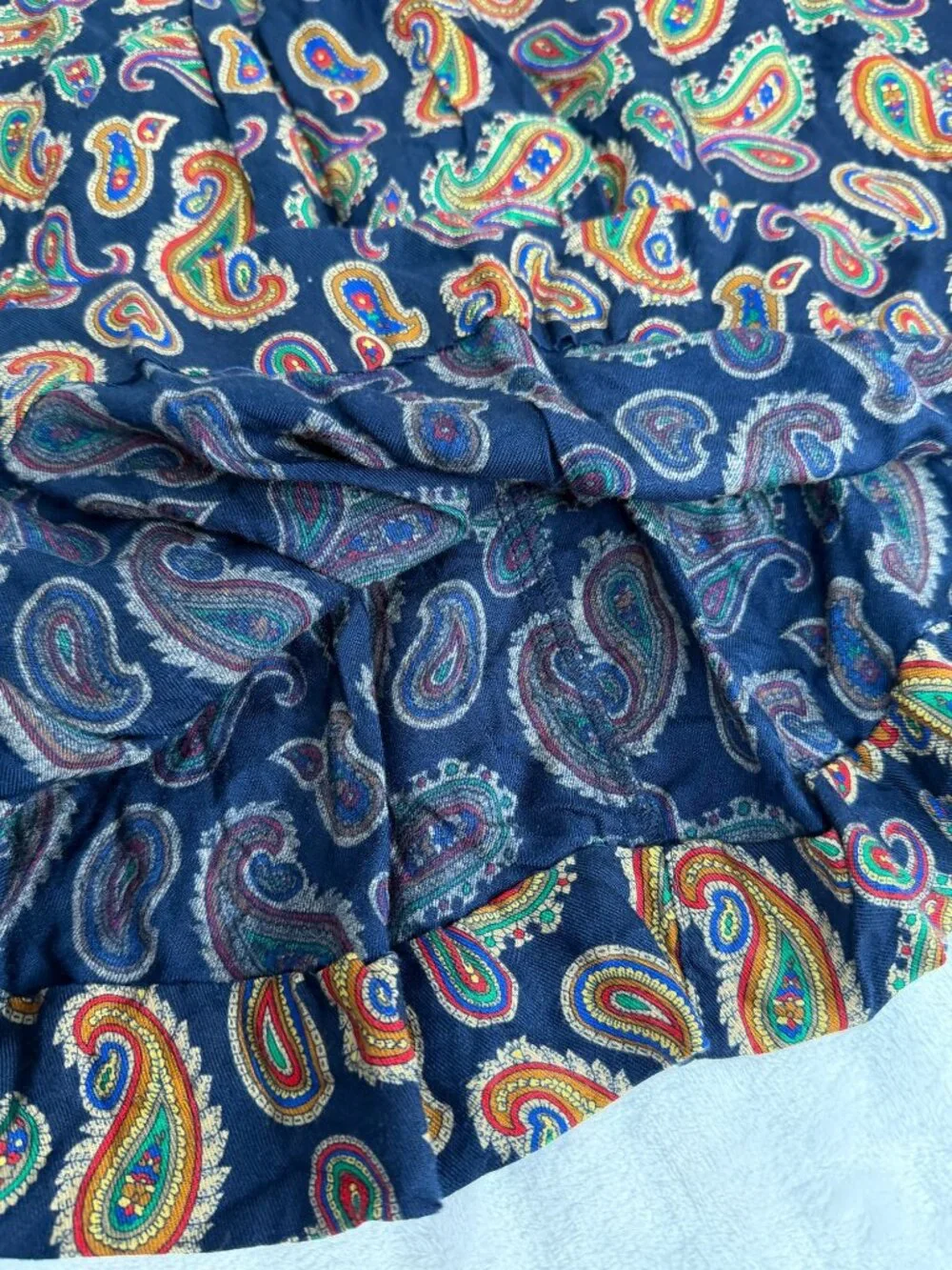 Vintage Liz Sport Paisley Print Midi Skirt Navy Rayon Elastic Waist Small A-Line
